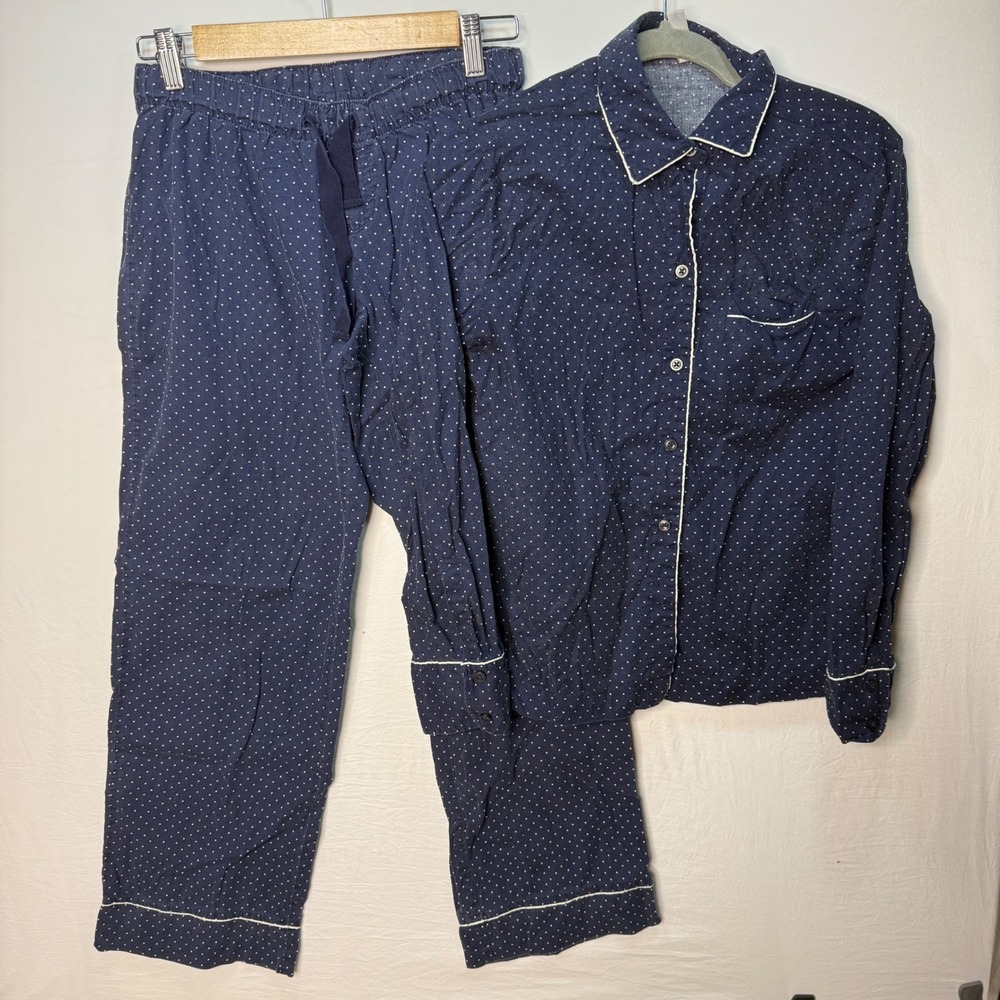 GapBody‎ Womens Navy Blue Polka Dot Cotton Pajama Set XS Long Sleeve Button Down